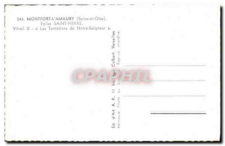Montfort-l'Amaury — Église Saint-Pierre — Vitrail X « Les Tentations de Notre-Seigneur » — Ed. d'Art A.P. 11 bis, par Colbert, Versailles — Achterkant