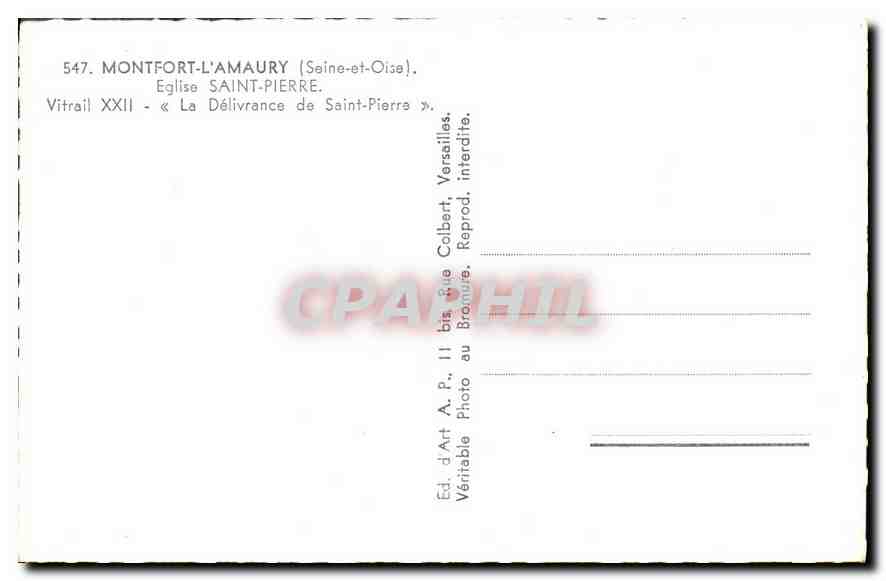 Montfort-l'Amaury — Iglesia de San Pedro — Vidriera XXII « La Liberación de San Pedro » — Edición A.P. II bis, Rue Colbert, Versalles — Reverso