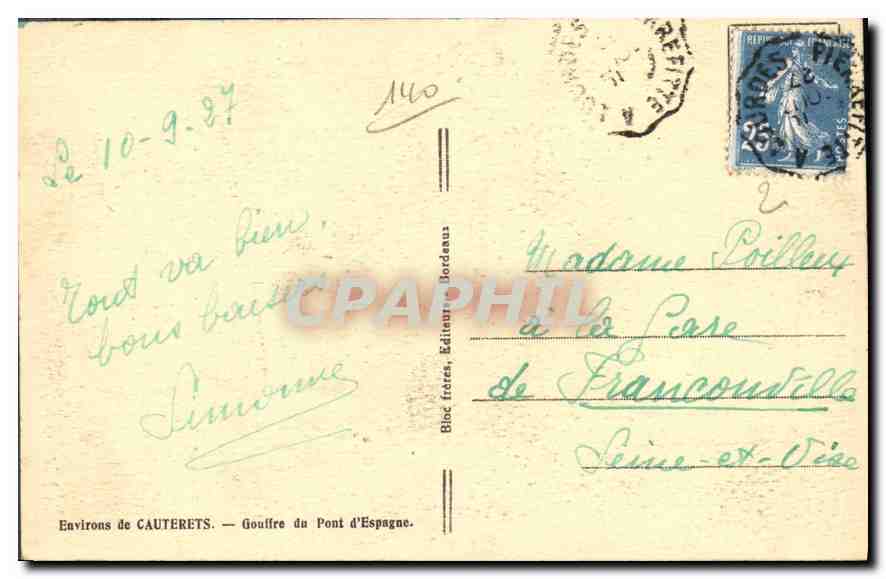 CPA Environs de Cauterets Gouffre du Pont d'Espagne  — Rückseite