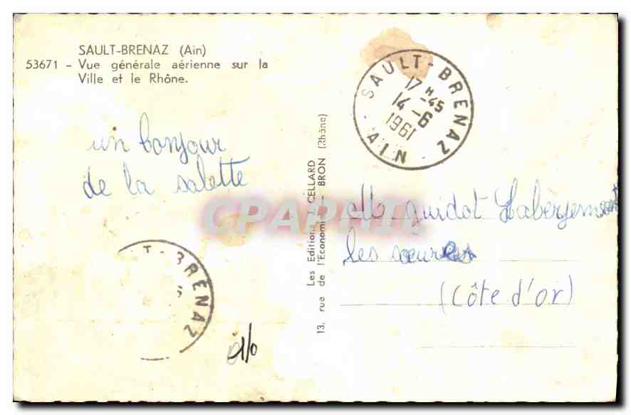 Sault-Brenaz (Ain) — Vue générale aérienne sur la ville et le Rhône — Les Éditeurs J. Cellard, Bron — Reverso