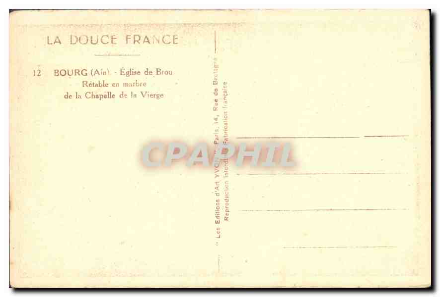 CPA Bourg Ain Retable en marbre de la Chapelle de la Vierge  — Back