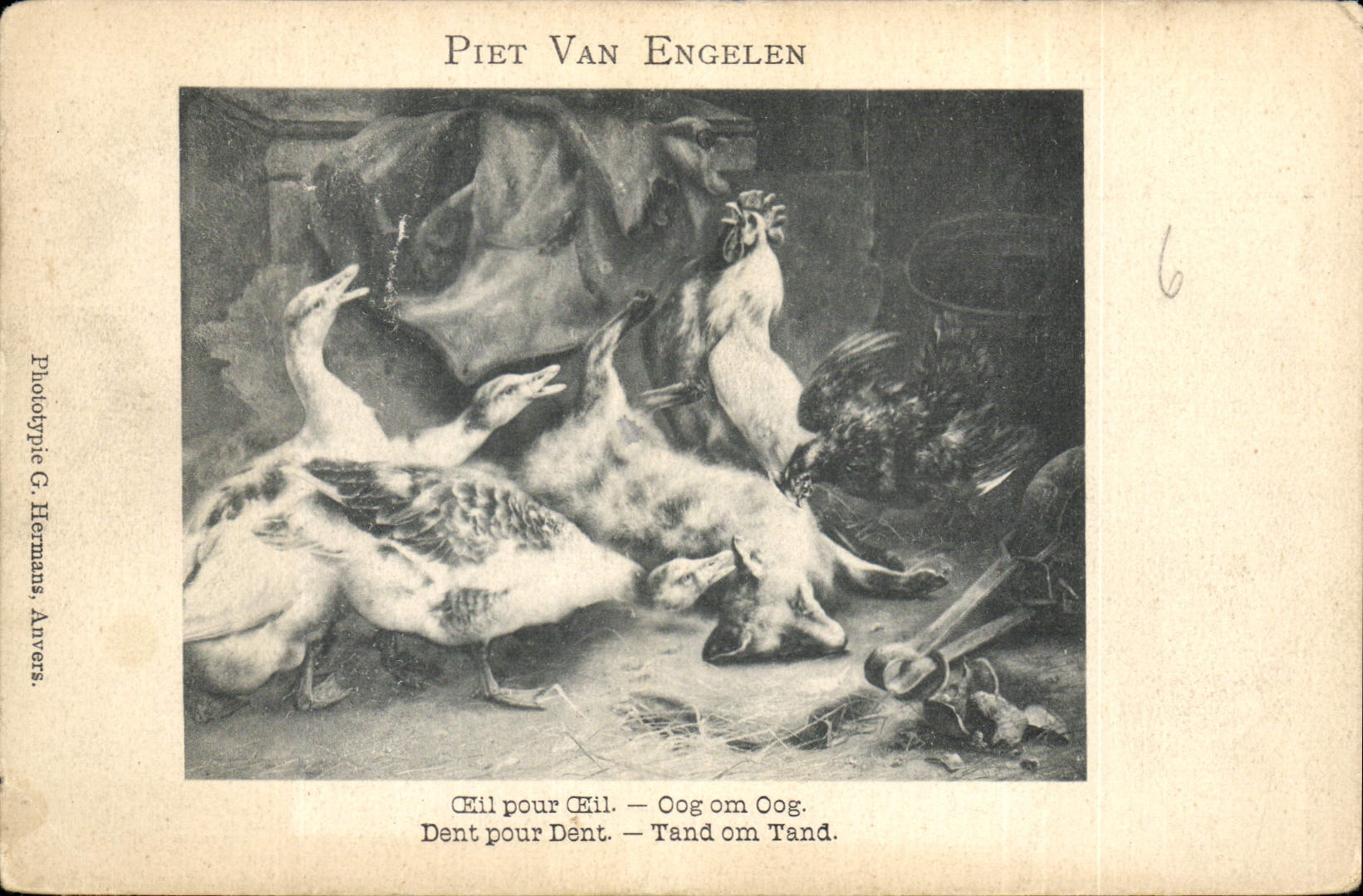 CPA Piet Van Engelen Œil pour œil Canard Coq Renard