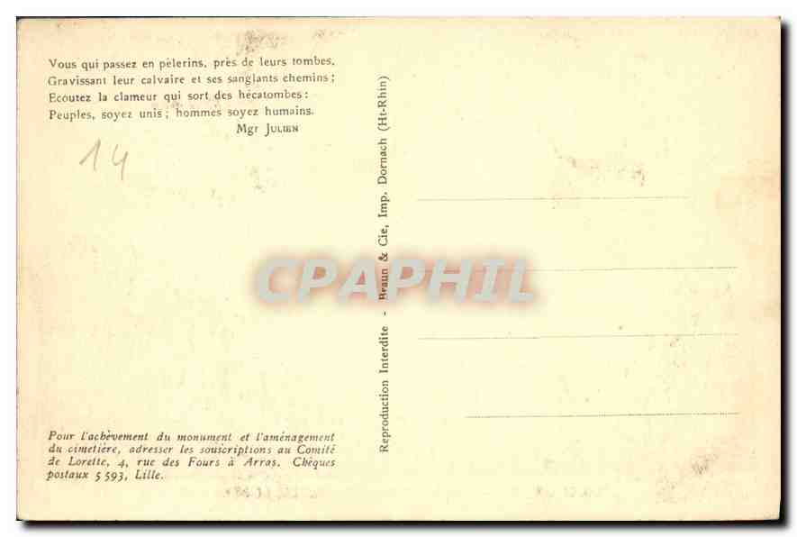 CPA ND de Lorette Vue Panoramique du Cimetiere et de la Tour  — Verso
