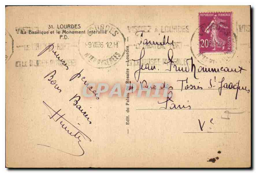 CPA Lourdes La Basilique et le Monument Interallie  — Verso