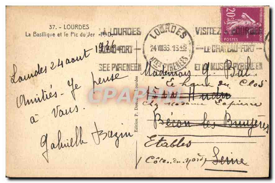 CPA Lourdes La Basilique et le Pic du Jer  — Verso