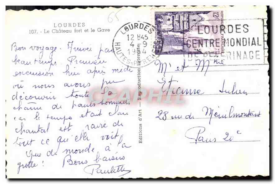 CPA Lourdes Le Chateau fort et le Gave  — Verso
