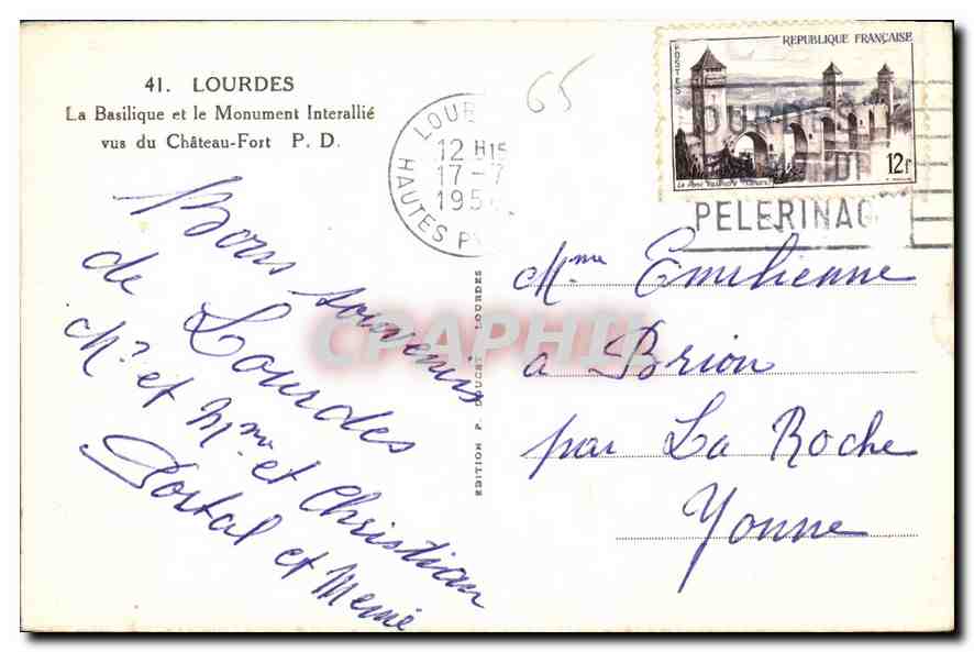 CPA Lourdes La Basilique et le Monument Interallie vus du Chateau Fort  — Rückseite