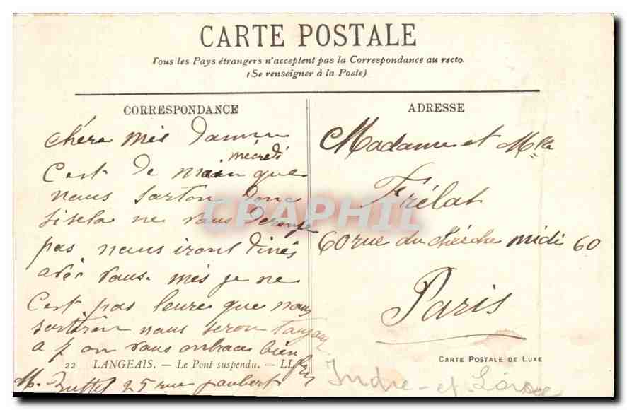 CPA Langeais Le Pont suspendu  — Verso
