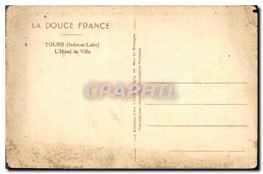 CPA Tours Indre et Loire L'Hotel de Ville  — Rückseite