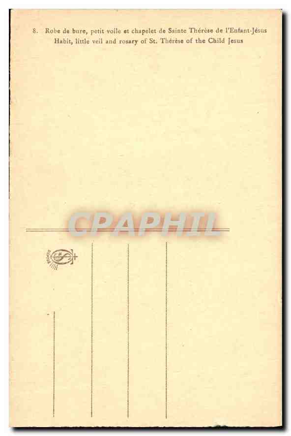 Sainte Thérèse de l'Enfant-Jésus — Robe de bure, petit voile et chapelet — Éditeur non visible, n° de série 8 — Verso