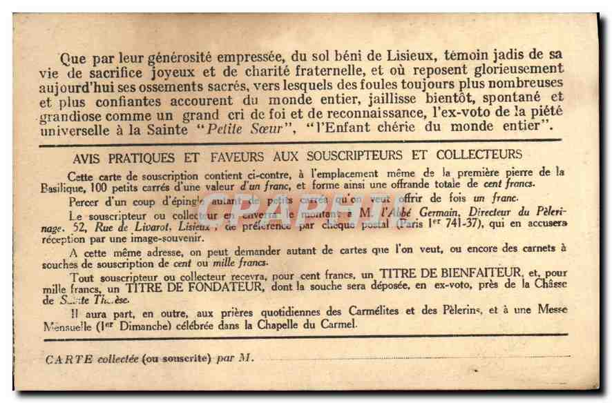 CPA Que par leur generosite empressee du sol beni de Lisieux  — Rückseite