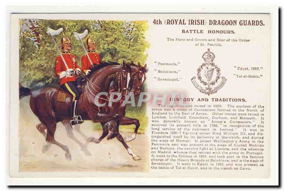 4th royal irish dragoon guards 1685 English Cuirassiers king william III Namur Madrid Cairo History and traditions CPA