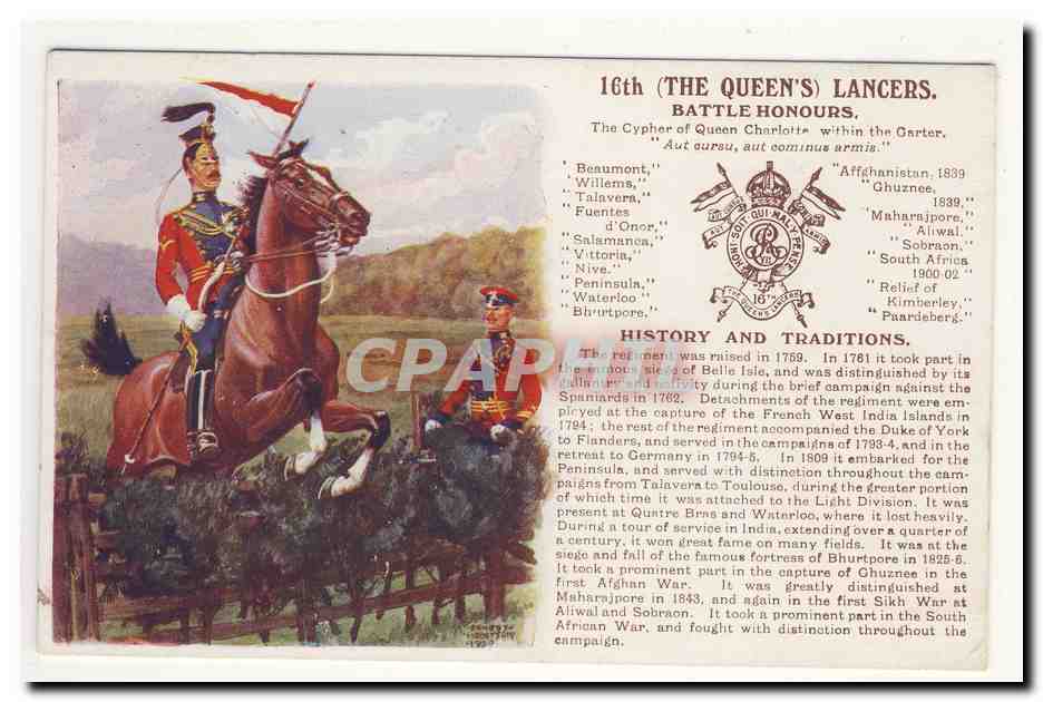 16th the queen's lancers 1759 belle isle duke of york waterloo india bhurtpore sikh war History and traditions CPA