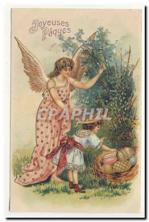 Ange et enfant avec panier d'œufs — Joyeuses Pâques — éditeur non visible