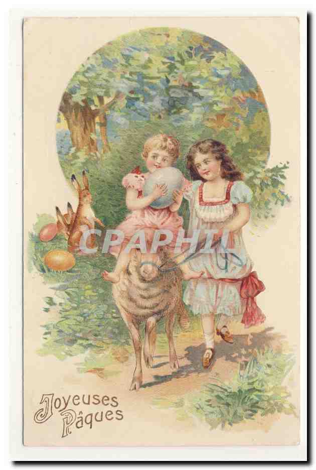 Deux enfants avec lapin et œufs — Joyeuses Pâques — éditeur non visible