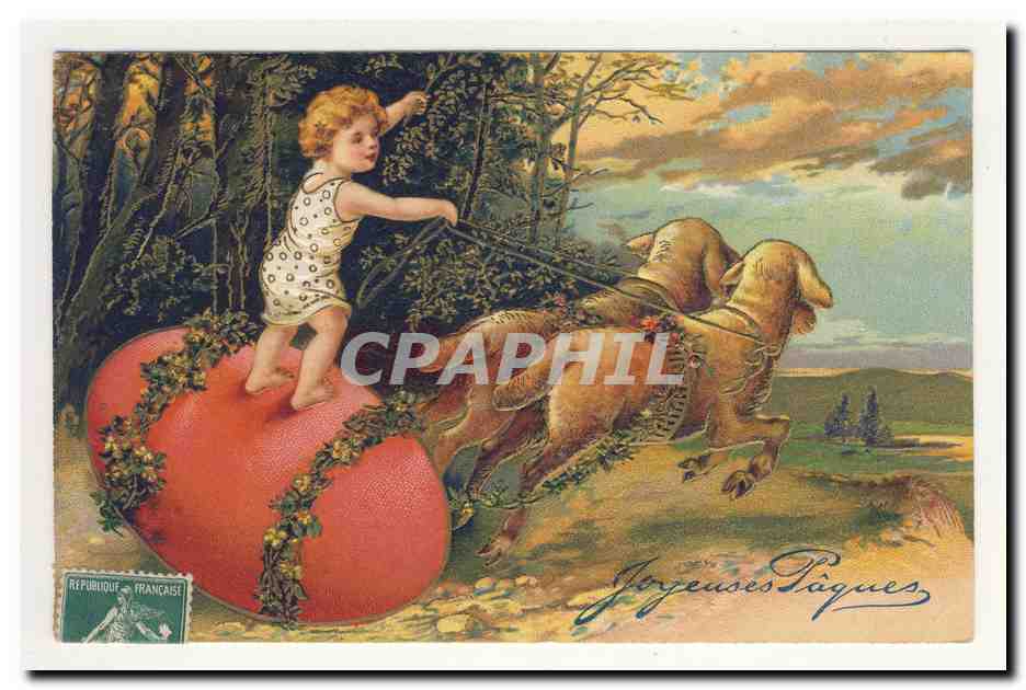 Enfants sur œuf de Pâques — chevaux — éditeur J. P. G. & Cie, n° 123