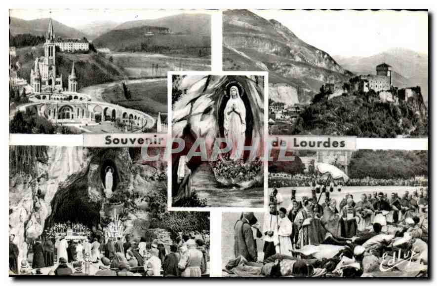 CPA Lourdes la Basilique la Grotte le Chateau Fort la Benediction des Malades et l'Apparition 