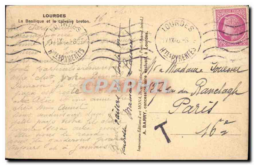 CPA Lourdes la Basilique et le Calvaire Breton  — Verso