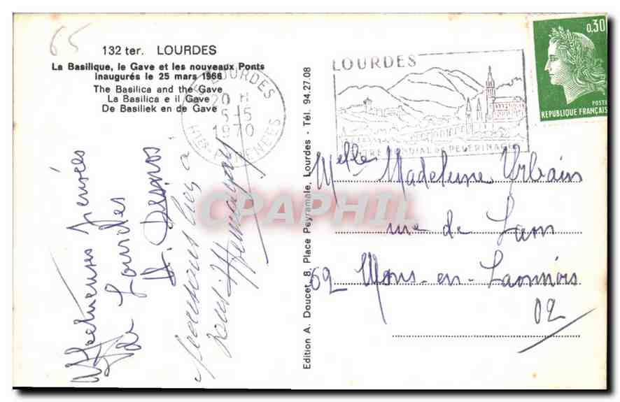 CPA Lourdes la Basilique le Gave et les nouveaux Ponts Inaugures le 25 mars 1966  — Verso