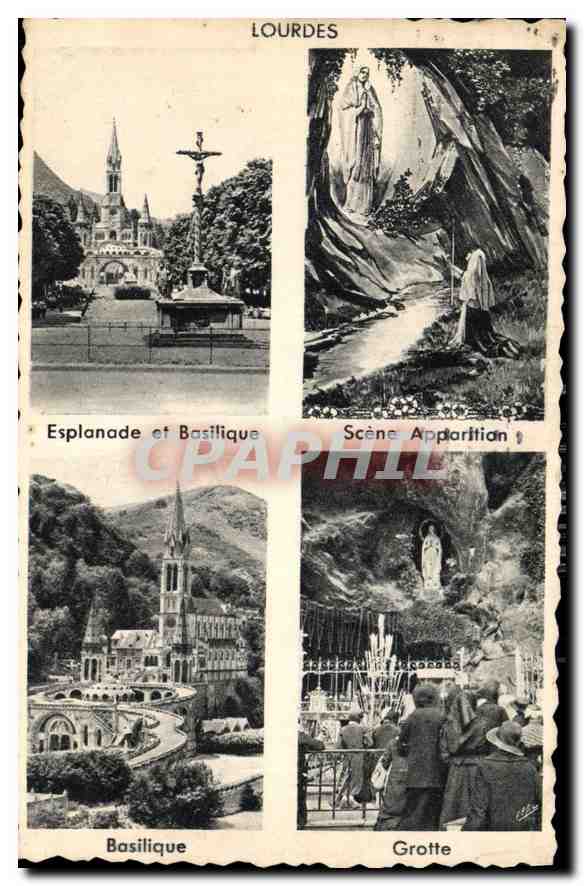 CPA Lourdes Esplanade et Basilique Scene Apparition Basilique Grotte 