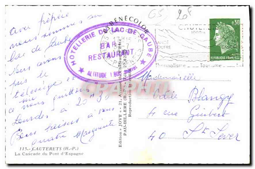 CPA Cauterets H p la cascade du Pont d'Espagne  — Rückseite