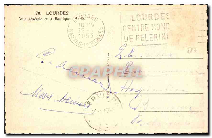 CPA Lourdes vue generale et la Basilique  — Verso