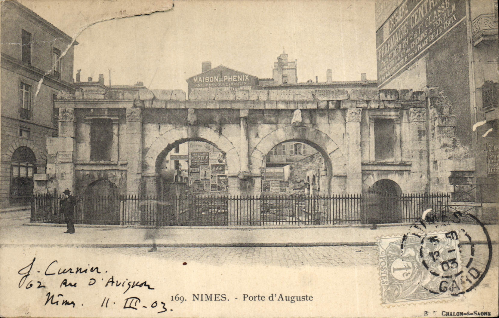 Nîmes - Porte d'Auguste — vue des ruines avec enseigne 'Maison Phénix' — J. Curnin, n°169