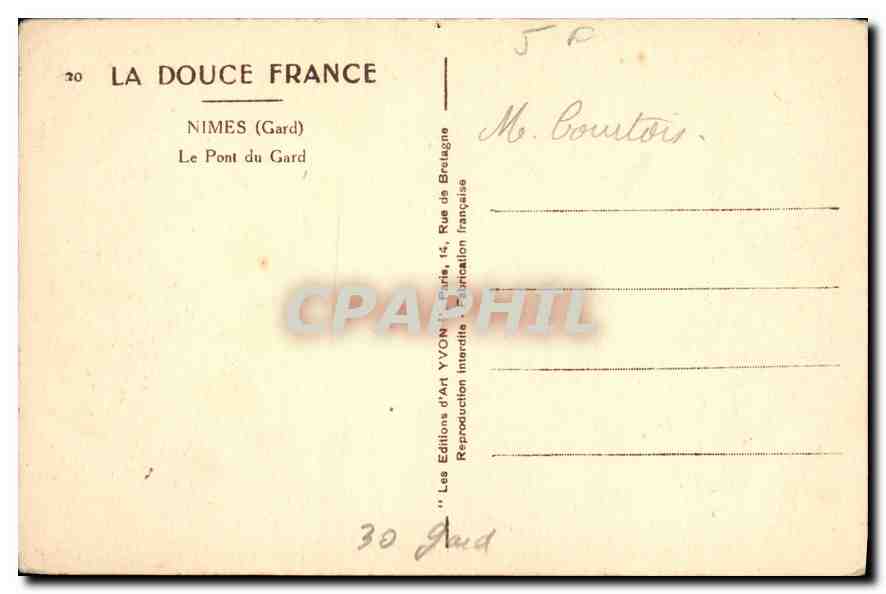 Le Pont du Gard — Nîmes (Gard) — Éditions d'Art YVON, Paris — Verso