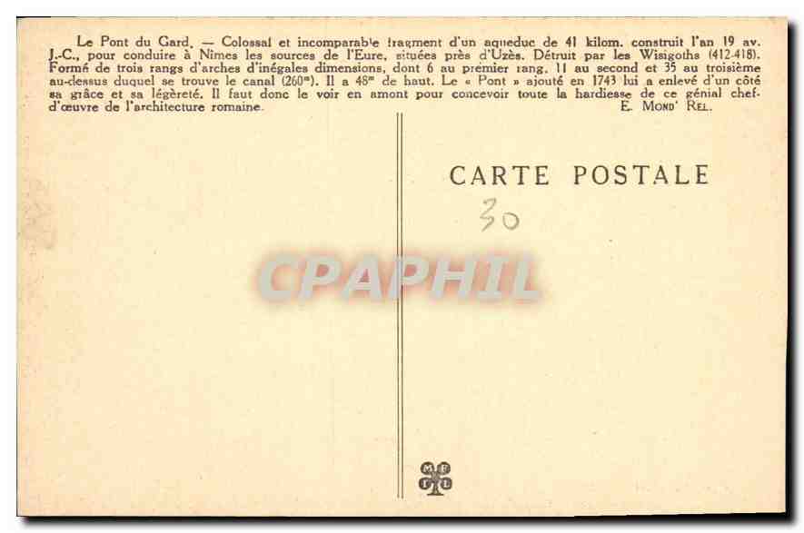 Le Pont du Gard — Grotte Salpétrière — Edit. Labourel n°101 — Verso
