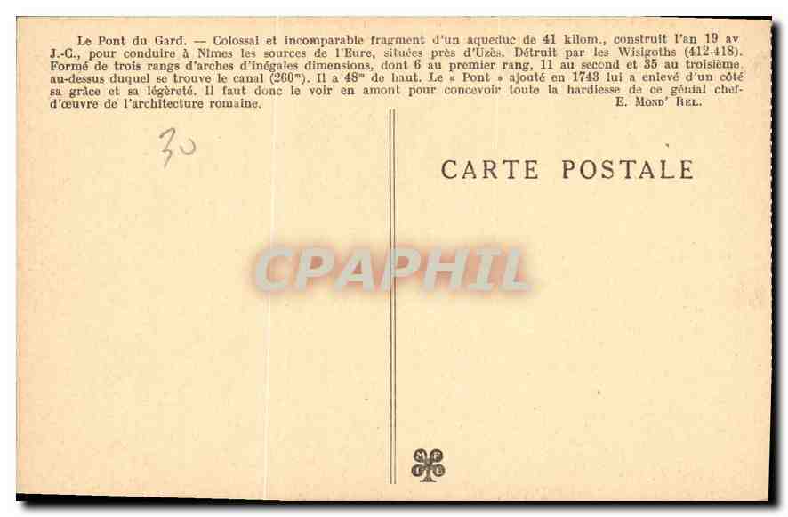 Le Pont du Gard — Perspective de la Vallée du Gardo et du coteau de la Balazaurière (à gauche) — Verso