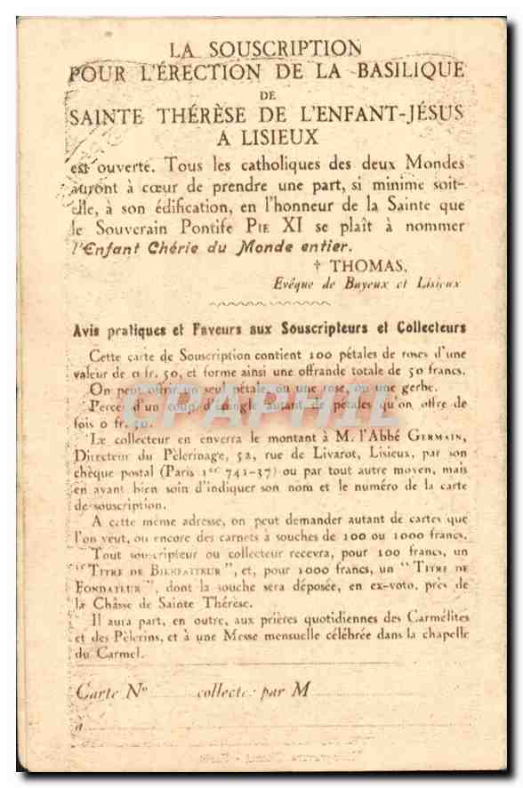 Vatican — Notre-Dame de Lourdes et l'Enfant-Jésus — éditeur non visible, n° de série 20 — Verso