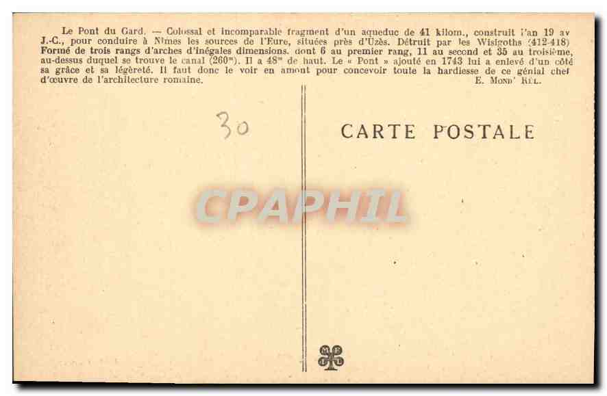 CPA Le Pont du Gard vu de face en amont sur la rive droite du Gardon  — Rückseite