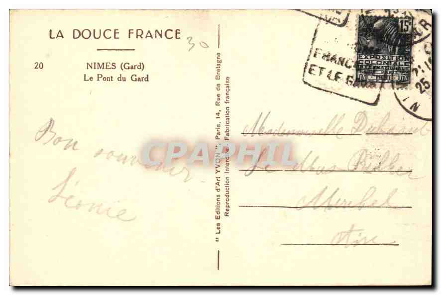 CPA La Douce France Nimes Gard le Pont du Gard  — Rückseite