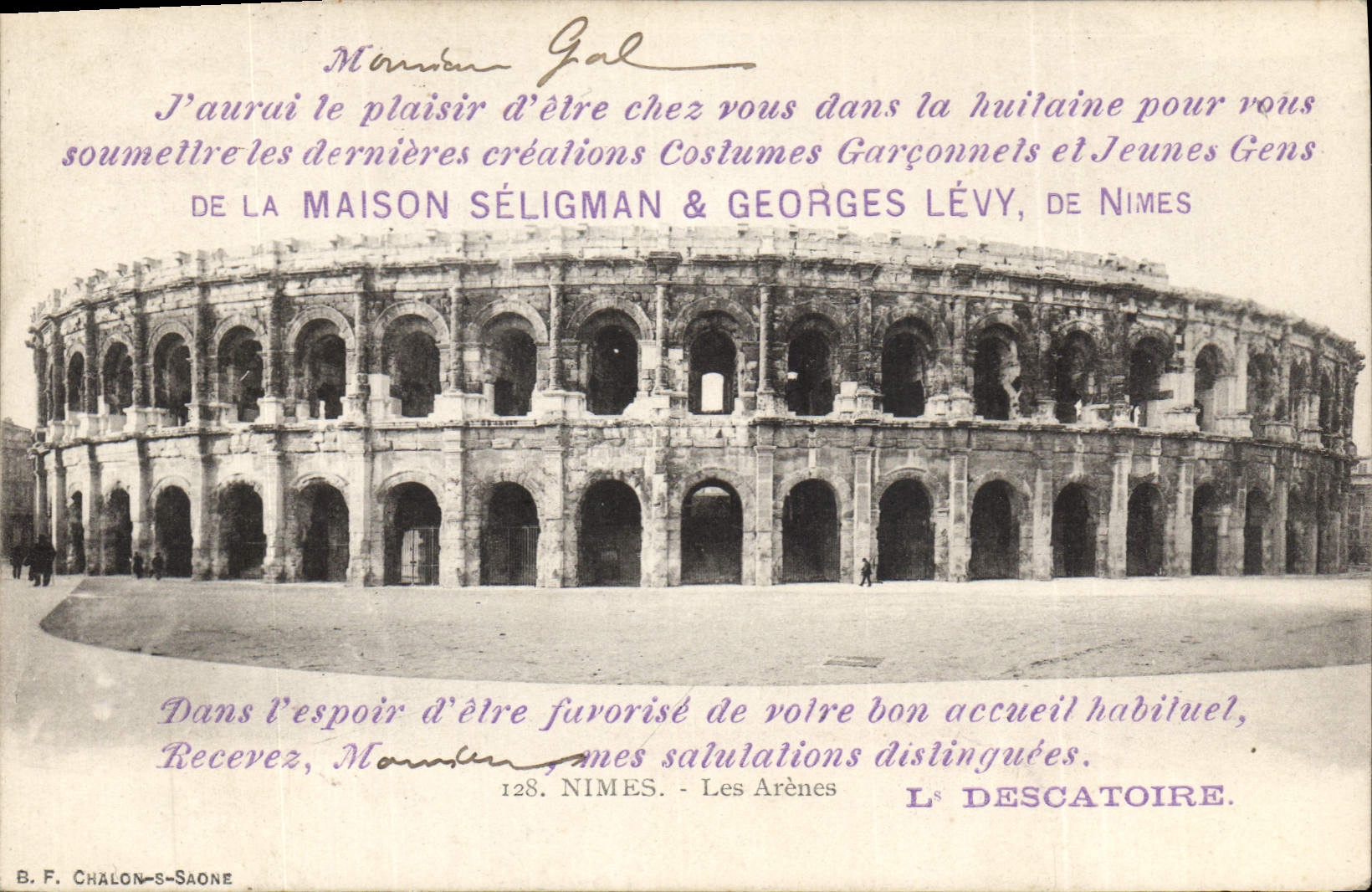 Les Arènes de Nîmes — publicité pour la maison Séligman & Georges Lévy — B. F. Chalon-saône