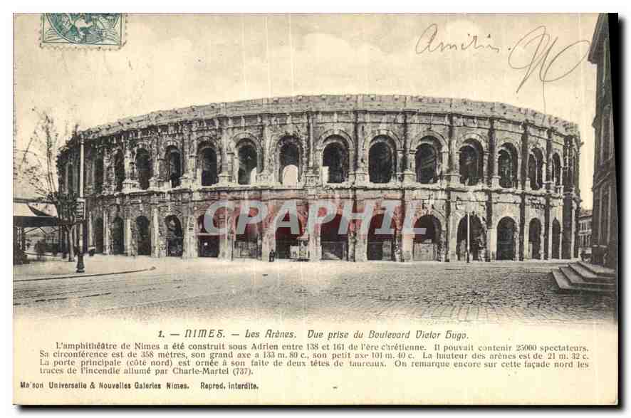 Nîmes — Les Arènes — vue prise du Boulevard Victor Hugo — Maçon Universelle & Nouvelles Galeries Nîmes