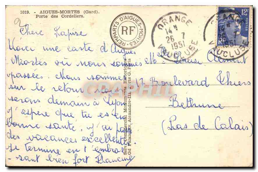 Aigues-Mortes (Gard) — Porte des Cordeliers — CPA n°1019, éditée par Serv. Commerçant Monuments Historiques Gd. Palais, Alexandre III, rue G. Paris — Verso