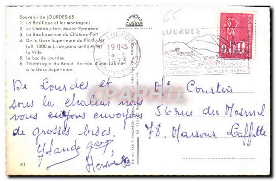 CPA Souvenir de Lourdes La Basilique et les montagnes Le Chateau Fort Musee Pyreneen La Basilique vu — Verso