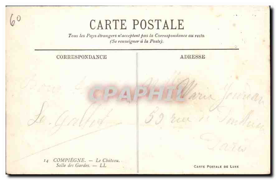 CPA Compiegne Le Chateau Salle des Gardes  — Rückseite