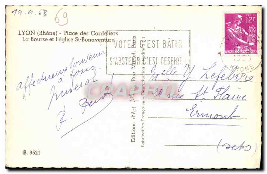 CPA Lyon Rhone Place des Cordeliers La Bourse et l'Eglise St Bonaventure  — Verso