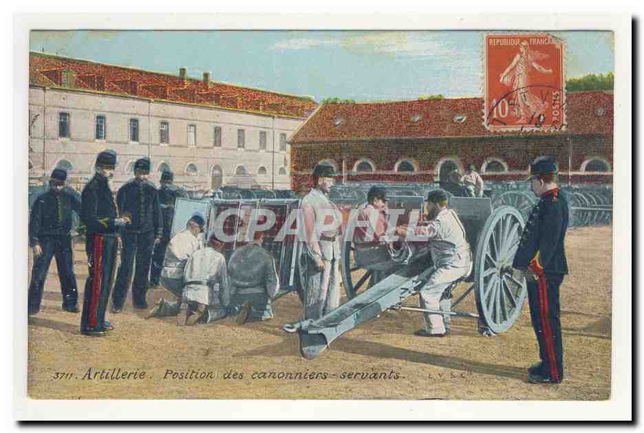 Artillerie Position des canonniers servants artillery munitions canon uniforme officiers kepi Animation CPA