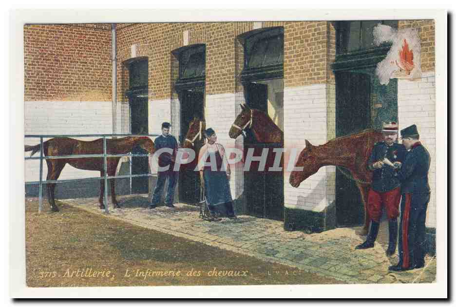 Artillerie l'infirmerie des chevaux veterinaire artillery veterinary horses uniforme officiers kepi Animation CPA