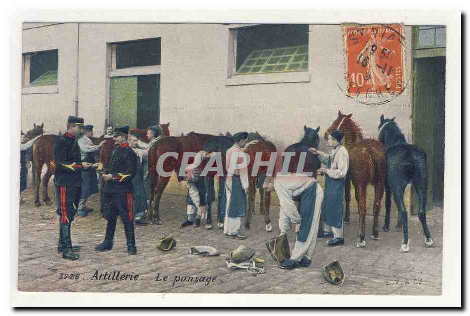 Artillerie le pansage grooming veterinaire artillery veterinary horses uniforme officiers kepi Animation CPA