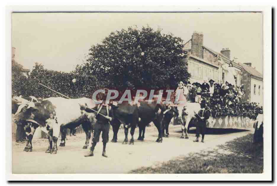 carte photo char geant fleurs Bacchus mariane coiffe attelage boeufs chapeau pittoresque carnaval animation TOP CPA