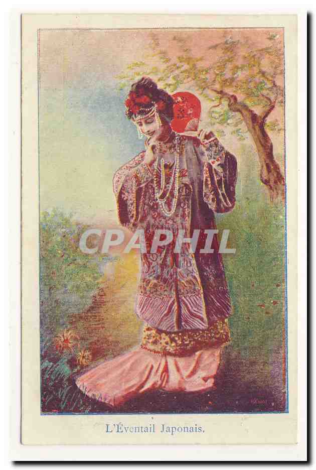 L'eventail japonais Japanese fan broderie soie japon chine asie perles CPA