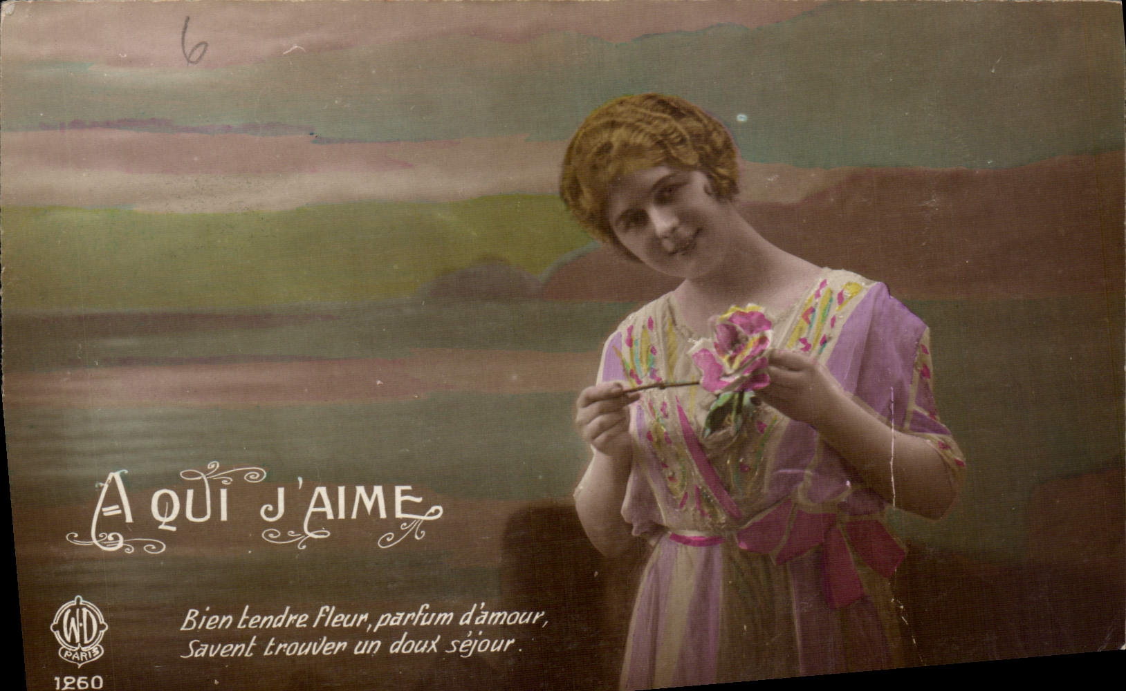 CPA A qui j'aime Bien tendre fleur parfum d'amour Femme
