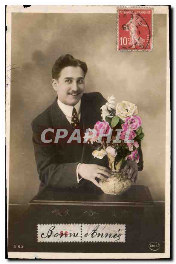 CPA Bonne Annee Homme Fleurs