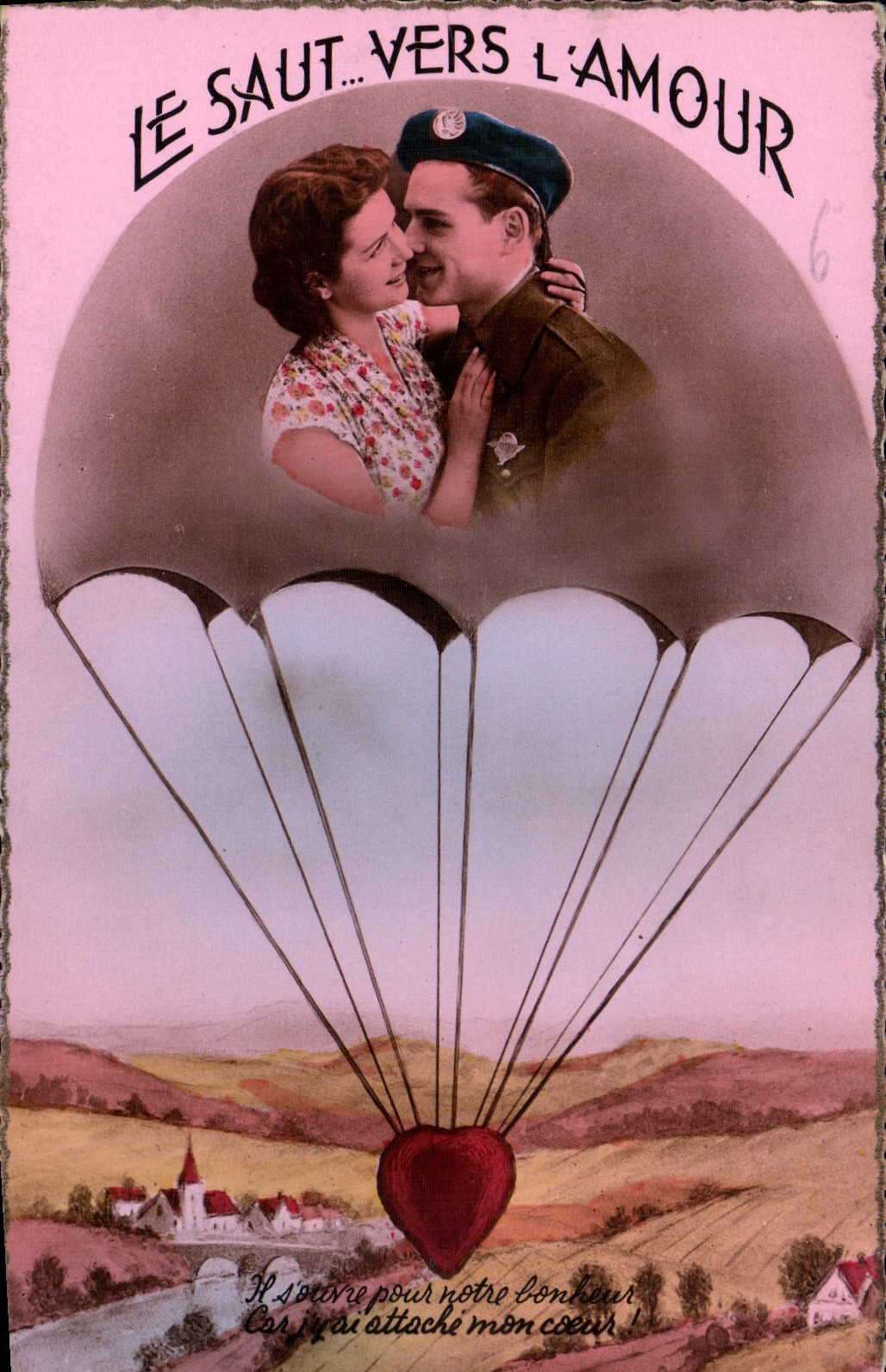 CPA Le Saut Vers L'Amour Femme Parachute Militaria Cœur