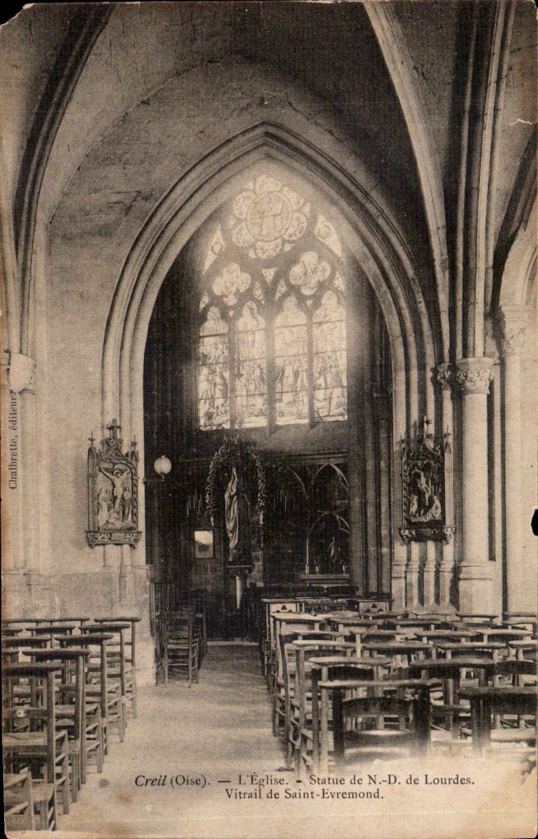 Creil (Oise) — L'Église — Statue de N.-D. de Lourdes, Vitrail de Saint-Evremond — Ginalbrete, éditeurs