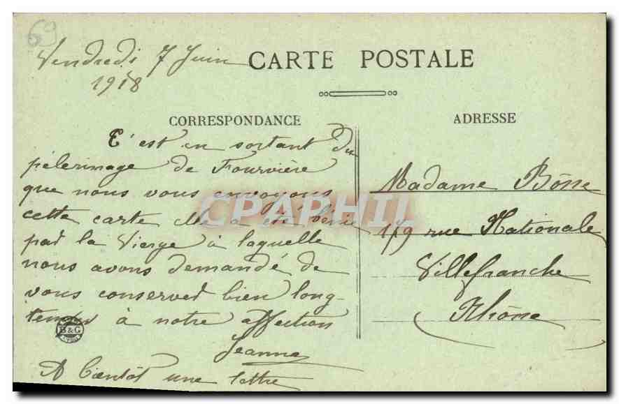 CPA Lyon ND de Fourviere La Vierge Miraculeuse  — Verso