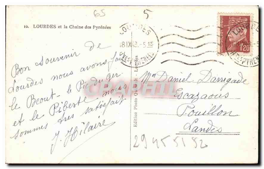 CPA Lourdes et la Chaine des Pyrenees  — Verso